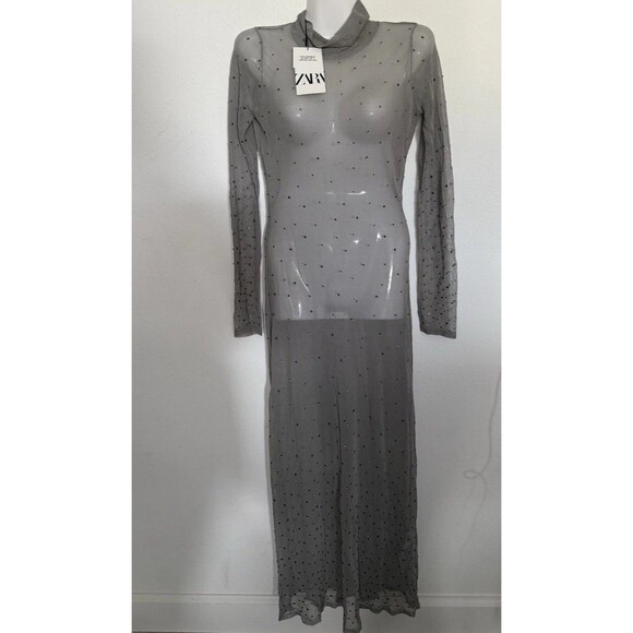 ZARA Blogger Semi Sheer Long Knit Maxi Dress Small Rhinestone Womens Coverup - Picture 2 of 9
